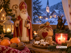 Kindgerechte Nikolaus-Szene mit traditionellen Elementen in ruhiger Adventsstimmung