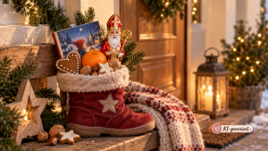 Liebevoll gefüllter Nikolausstiefel mit Mandarine, Nüssen, Lebkuchen und kleinem Buch