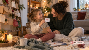 Mutter und Kind verbringen gemeinsame Zeit mit einem Familien-Adventskalender