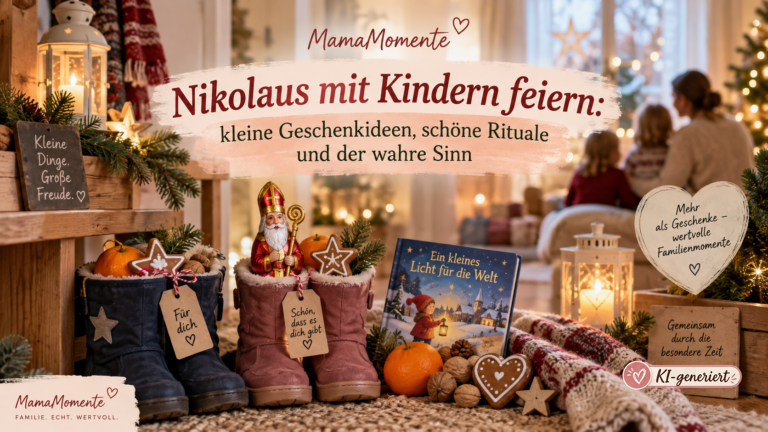 Nikolausstiefel mit kleinen Geschenken, Mandarinen und Lebkuchen in einer gemütlichen Familienszene mit dem Titel Nikolaus mit Kindern feiern