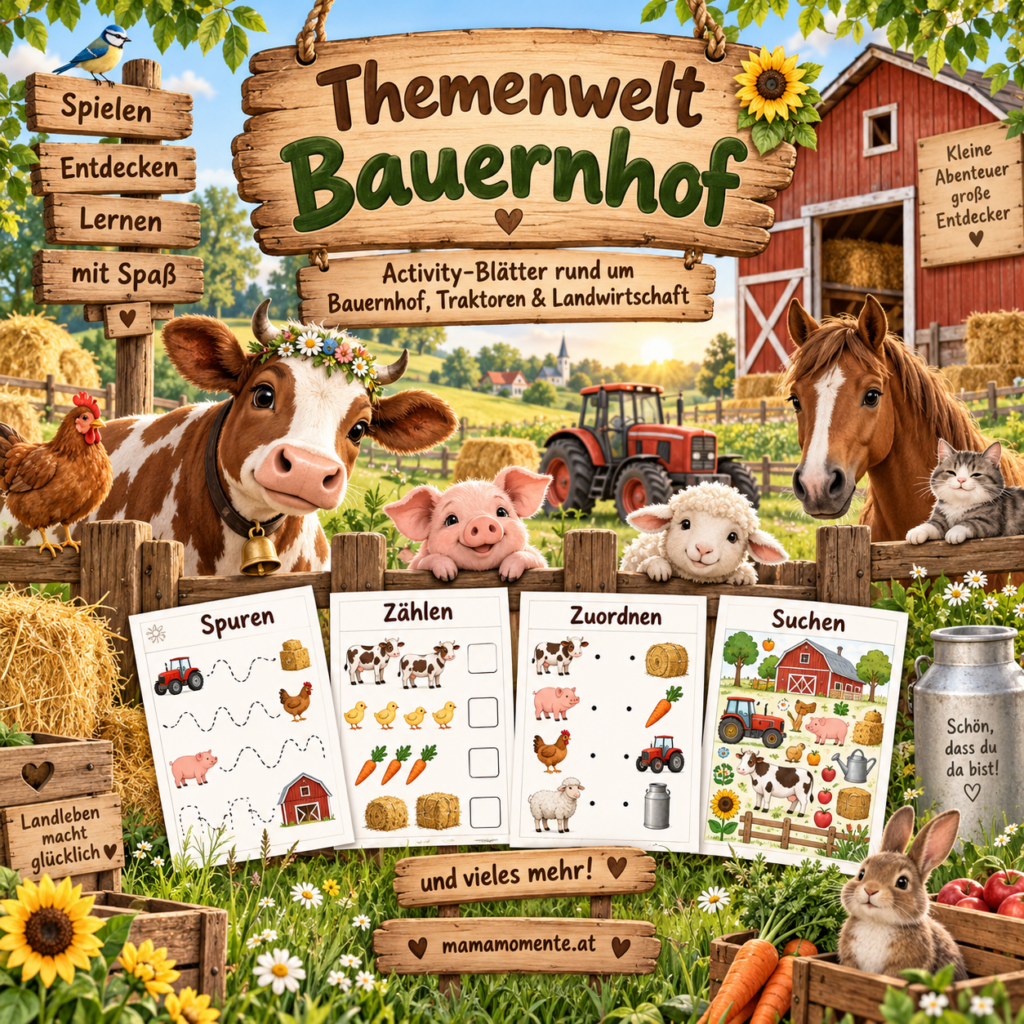 Themenwelt Bauernhof mit vielfältigen Activity-Blättern für Kinder rund um Bauernhoftiere, Traktoren und Landwirtschaft.