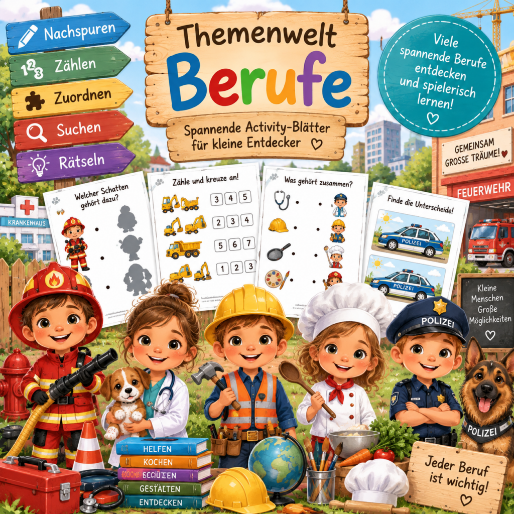 Themenwelt Berufe mit vielfältigen Activity-Blättern für Kinder rund um Feuerwehr, Polizei, Medizin, Handwerk und weitere spannende Berufe.