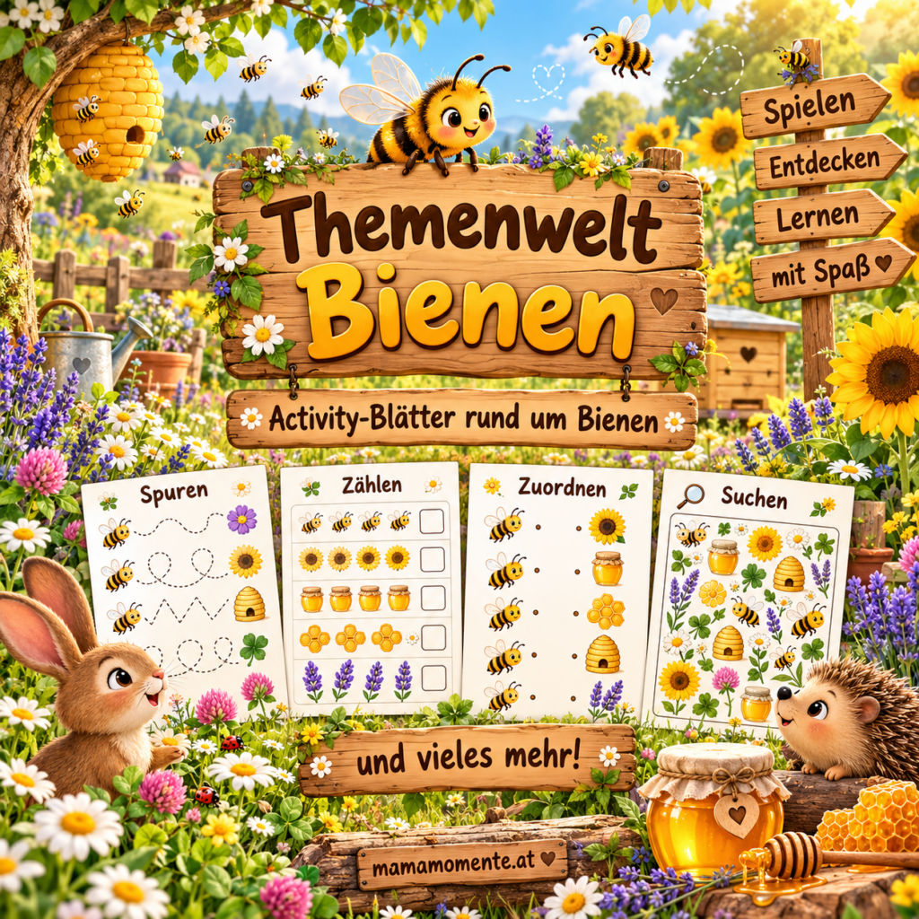Themenwelt Bienen mit vielfältigen Activity-Blättern für Kinder rund um Bienen, Blumen, Honig und das Leben im Bienenstock.