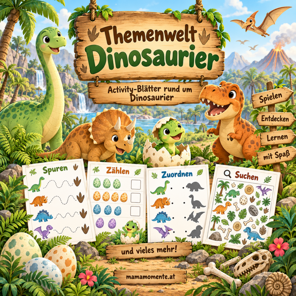 Themenwelt Dinosaurier mit vielfältigen Activity-Blättern für Kinder rund um Dinosaurier, Dino-Eier und spannende Urzeit-Abenteuer.