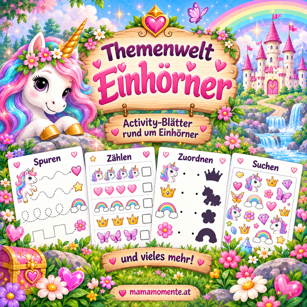 Themenwelt Einhörner mit vielfältigen Activity-Blättern für Kinder rund um Einhörner, Regenbögen und magische Abenteuer.