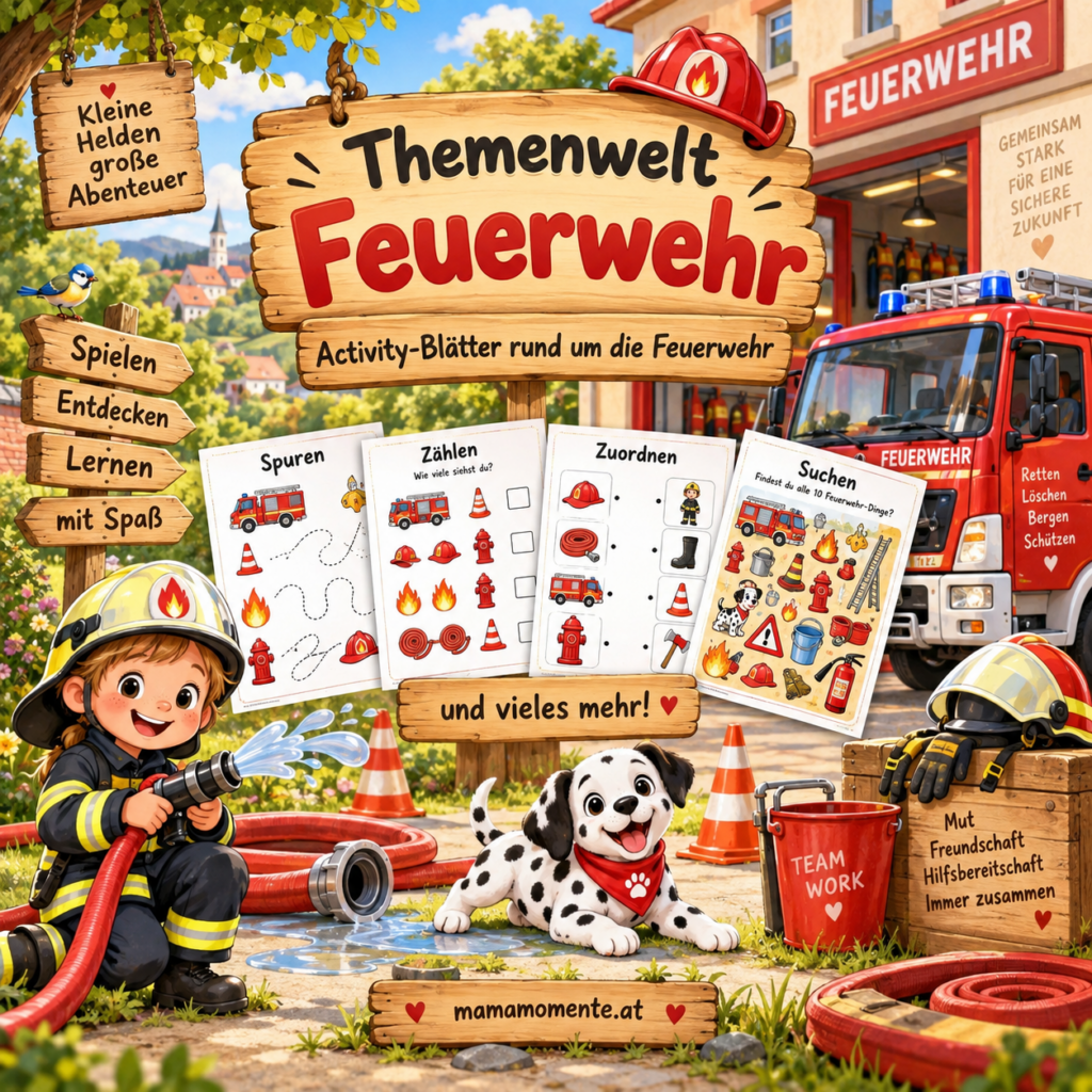 Themenwelt Feuerwehr mit vielfältigen Activity-Blättern für Kinder rund um Feuerwehrauto, Ausrüstung und spannende Einsätze.