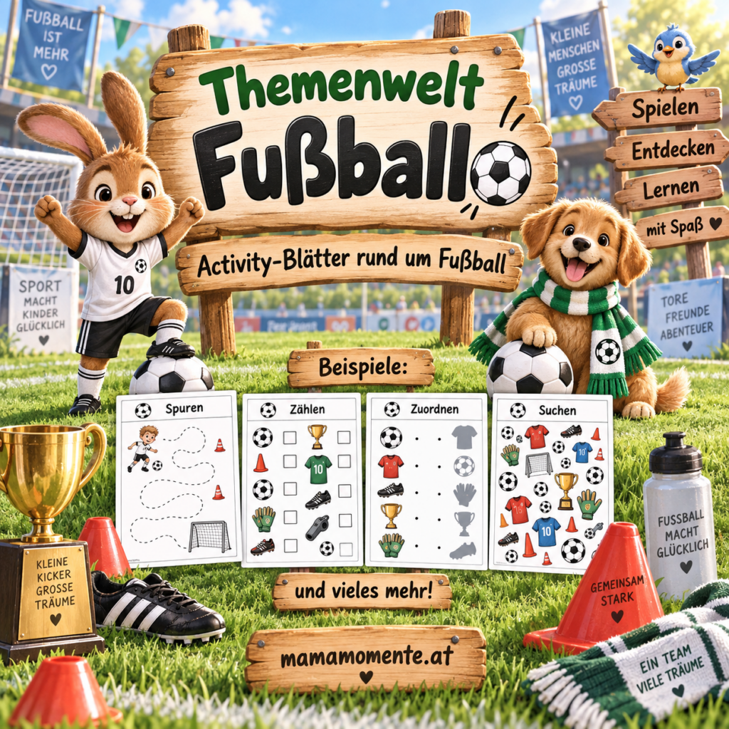 Themenwelt Fußball mit vielfältigen Activity-Blättern für Kinder rund um Ball, Tore, Trikots und Fußballspaß.