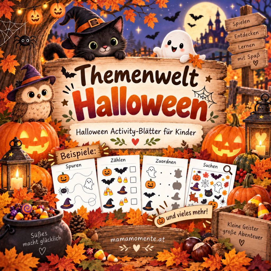 Themenwelt Halloween mit vielfältigen Activity-Blättern für Kinder zum Nachspuren, Zählen, Zuordnen und Suchen. Liebevoll illustriert mit Kürbissen, Geistern, Fledermäusen und einer schwarzen Katze.
