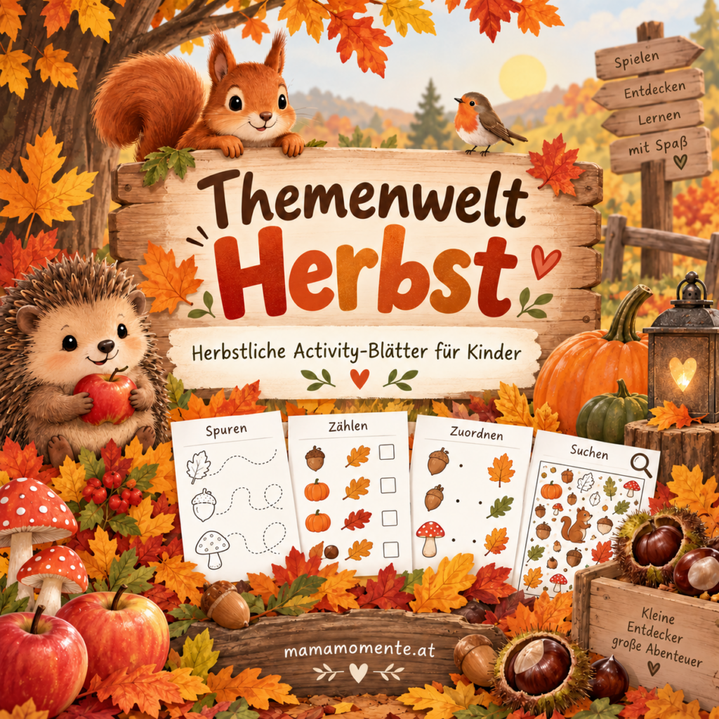 Themenwelt Herbst mit herbstlichen Activity-Blättern für Kinder zum Nachspuren, Zählen, Zuordnen und Suchen, umgeben von buntem Herbstlaub, Igel, Eichhörnchen und Kürbissen.