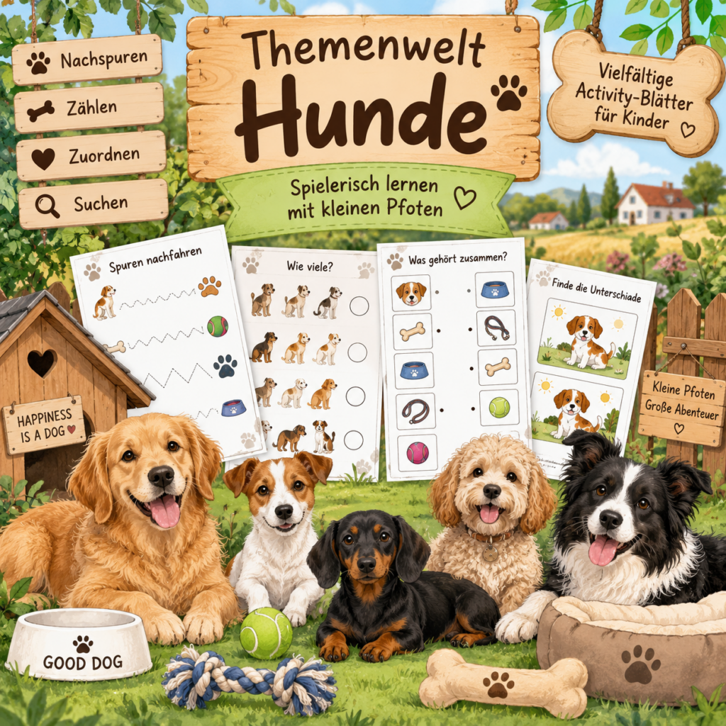 Themenwelt Hunde mit vielfältigen Activity-Blättern für Kinder zum Nachspuren, Zählen, Zuordnen und Suchen.