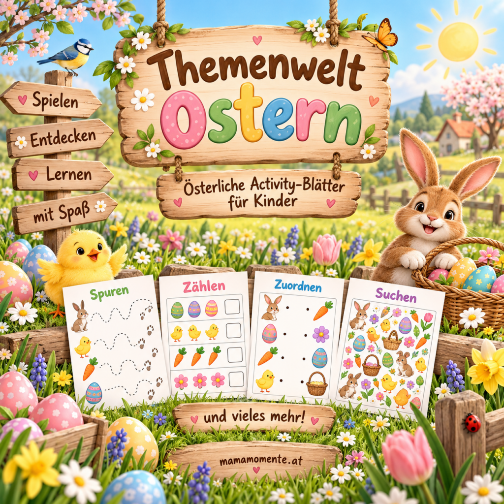 Themenwelt Ostern mit vielfältigen Activity-Blättern für Kinder rund um Osterhasen, Ostereier, Küken und frühlingshafte Abenteuer.