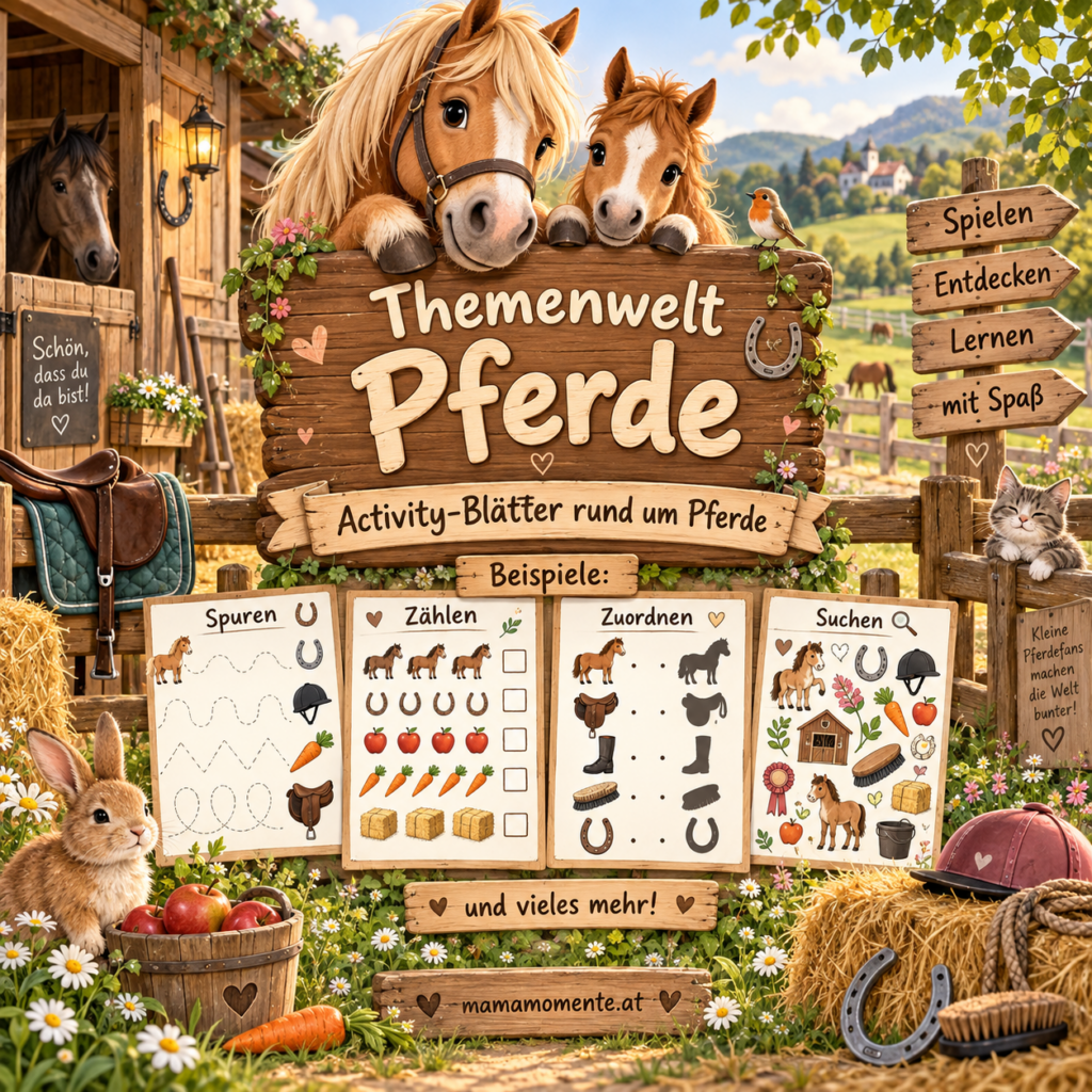 Themenwelt Pferde mit vielfältigen Activity-Blättern für Kinder rund um Pferde, Reitstall und Pferdezubehör.