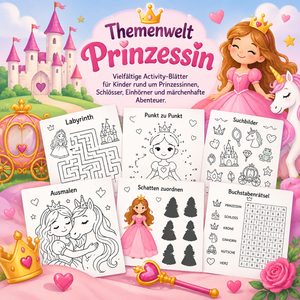 Themenwelt Prinzessin mit vielfältigen Activity-Blättern für Kinder rund um Prinzessinnen, Schlösser, Einhörner und märchenhafte Abenteuer.