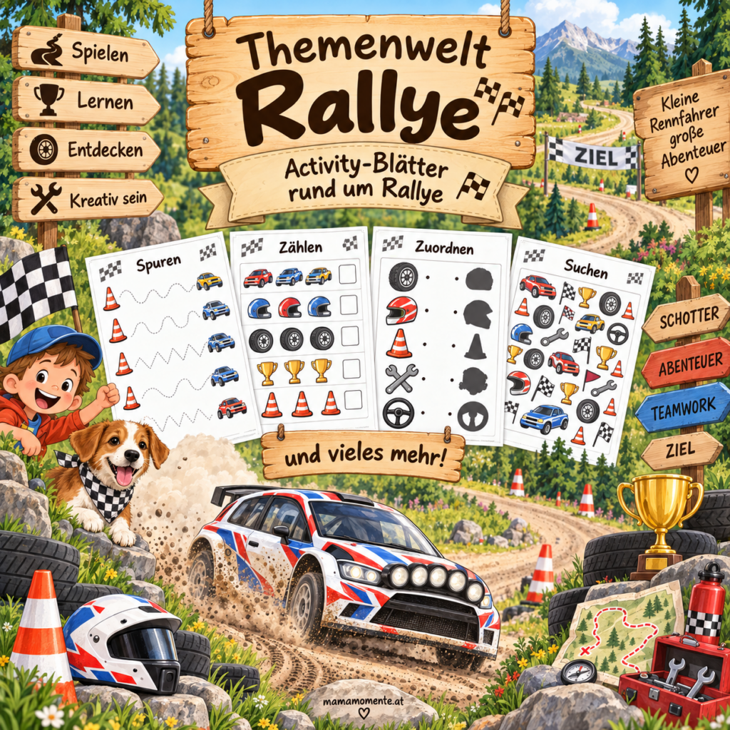 Themenwelt Rallye mit vielfältigen Activity-Blättern für Kinder rund um Rallyeautos, Rennstrecken und Motorsport.