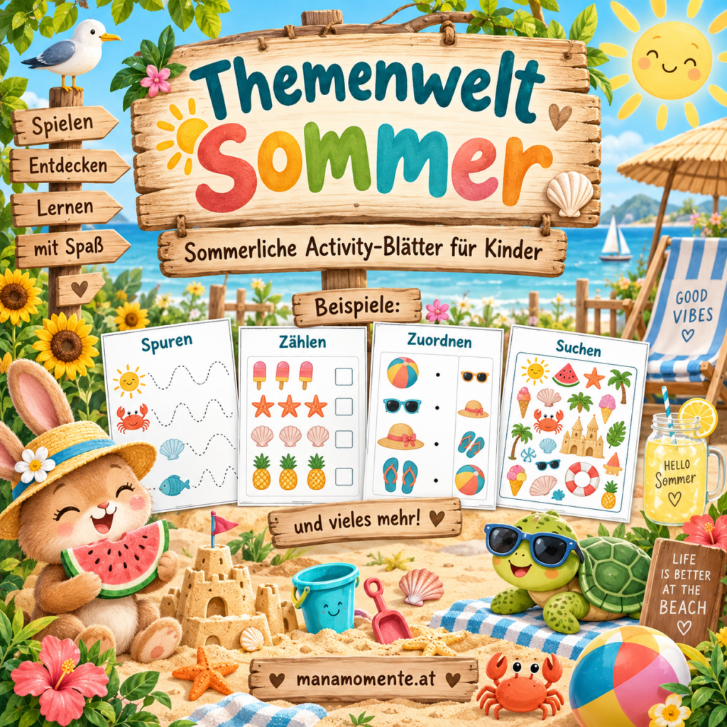 Themenwelt Sommer mit vielfältigen Activity-Blättern für Kinder rund um Sonne, Strand, Meer und sommerliche Abenteuer.