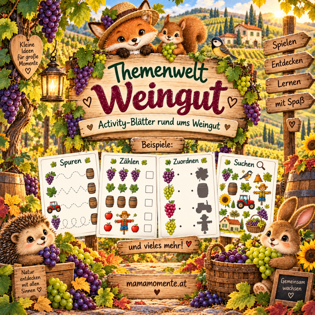 Themenwelt Weingut mit vielfältigen Activity-Blättern für Kinder rund um Weintrauben, Weinlese und das Leben am Weingut.