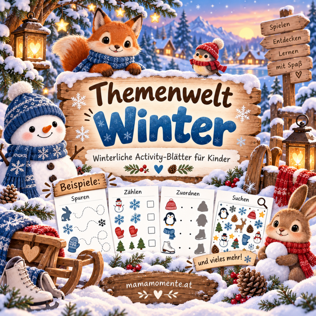 Themenwelt Winter mit vielfältigen Activity-Blättern für Kinder zum Nachspuren, Zählen, Zuordnen und Suchen. Liebevoll gestaltet mit Schnee, Schneemann, Fuchs, Hase und winterlicher Dorfkulisse.